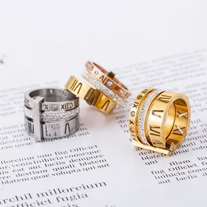 Silver Stone Rings Trends Retro Exaggeration Stainless Steel Rings Ladies Stone Rome Digital Plated 18K Gold Jewelry