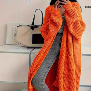 Nouvelle collection automne style européen et américain : <span class=keywords><strong>Cardigan</strong></span> décontracté ample en acrylique à col en V, longueur au-dessus du genou, pour <span class=keywords><strong>femme</strong></span> - Product Image 1