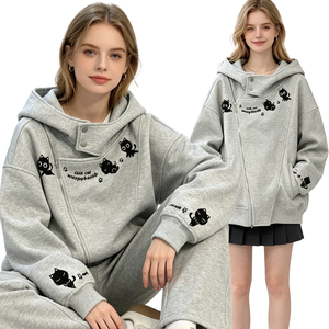 Felpa con cappuccio e cerniera asimmetrica da donna, con stampa <span class=keywords><strong>gatto</strong></span> in stile cartone animato coreano, stile ampio e rilassato con design di nicchia - Product Image 2