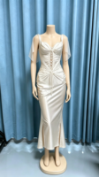 Robe de mariée sirène en satin LM A536, bretelles spaghetti, laçage, froncée, coupe ajustée, pour soirée, fête ou tenue décontractée pour femme