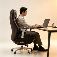 Fauteuil de direction en cuir de vachette bicolore, élégante chaise de bureau pivotante de style racing avec appui-tête intégré