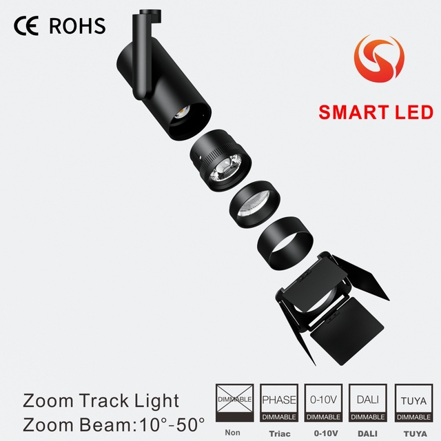 SMART CCT DIP Switch 0-10V Knob Dimmable Zoom 16-60 LED Aluminum Track Spot Light 5W-30W CRI97 Tunable White UGR10-19 5-Year
