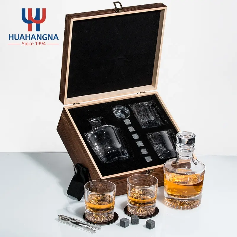 HUAHANGNA-decantador de Whisky de cristal personalizado, juego con 2 vasos de Whisky y 6 piedras en caja de regalo de madera