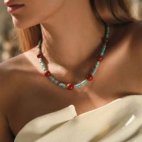 Collier en acier inoxydable plaqué or 18 carats avec perles de turquoise naturelle et pierre rouge pour femmes, vente en gros, bijoux tendance