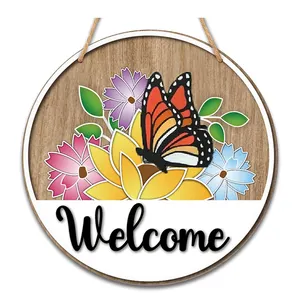 Colorful Flowers Butterfly Wood Sign Welcome Grain Door Round Hanging Plaque for Spring Home Front Door Wall Porch Decoration