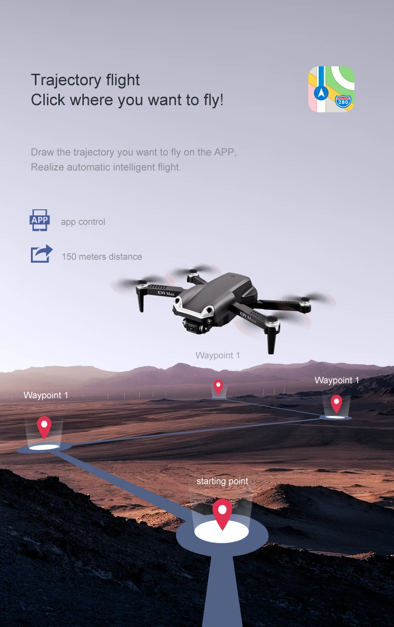 K99 Max Drone, trajectory flight app control 150 meters distance waypoint waypoint starting point 