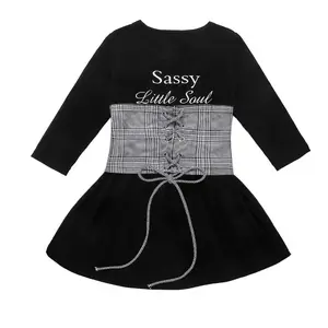 2020 New Fashion Children Girl Long Sleeve Black T-shirt Dress+Plaid Lace up Waist Band Children Girl Spring 2 pcs Outfit