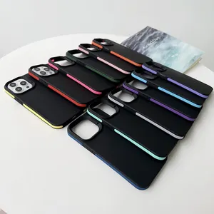 Capa de Celular para iPhone para Samsung Série Colorida Couro Preto + Barra de Cor