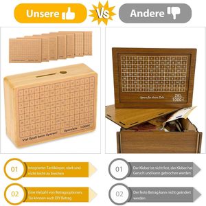 Tirelire en bois avec grille pour plan d'épargne de 365 jours et suivi des objectifs d'épargne pour enfants - Product Image 2