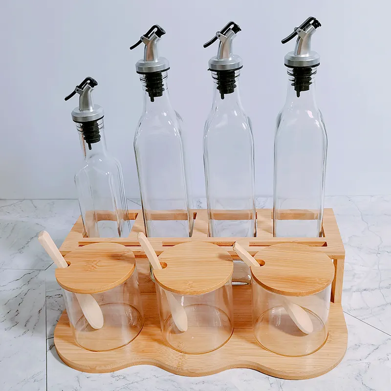 Custom Bamboo Rack Organizer Sauce Oil Vinegar Bottle Glass Canisters Jar Sets for the Kitchen Storage