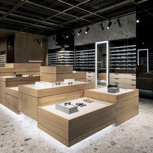 Modern Eyewear Store Interior Fitting Sunglasses Display Stand Wooden Optical Wall Display Shelf Glasses Cabinet - Product Image 1