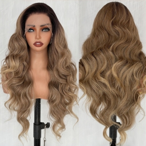 Parrucca Sintetica Lace Front 13x6 di Alta Qualità, Resistente al Calore, Lunga Onda Corporea Riccia, Colore Marrone Chiaro Cenere, <span class=keywords><strong>Parrucche</strong></span> <span class=keywords><strong>Sintetiche</strong></span> Color Lino - Product Image 1