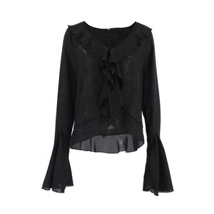 Blus baju sifon hitam elegan untuk wanita, blus leher V kerut, baju sifon hitam elegan Vintage musim gugur, blus untuk wanita - Product Image 1