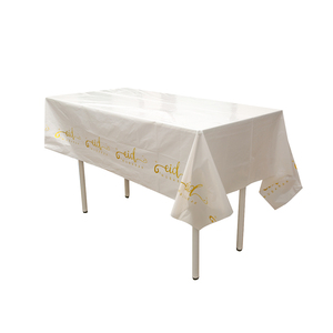 White PE Eid Table Cover Gold Eid Mubarak Plastic Tablecloth