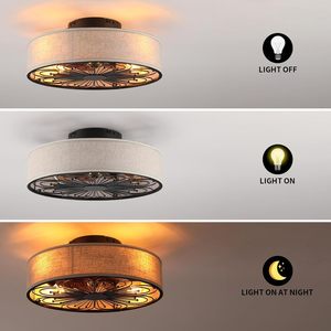 Ventilateur <span class=keywords><strong>de</strong></span> plafond DC à profil bas <span class=keywords><strong>de</strong></span> 20 pouces avec lumière, abat-jour en tissu style bohème, design en cage, E26/E27 - Product Image 3