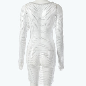 European American Style Women's Summer Sexy <b>Fishnet</b> Rhinestone Dress Round Neck Full Sleeve Sheer Layer Midi Club Dress - Product Image 4
