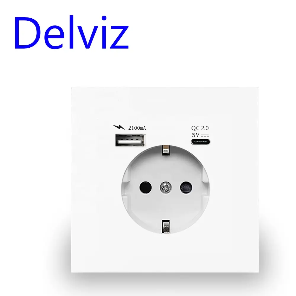 Delviz พอร์ตชาร์จ2100MA 5V, AC 110V-250V, ป้องกันการโอเวอร์โหลด, เต้าเสียบไฟ16A USBA + usbc, EU มาตรฐาน EU Type C ผนังซ็อกเก็ต USB