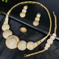 Dubai Mode Vintage Afrikanisches Braut-Hochzeits-Set mit Halskette, Ohrringen und Ring für Damen, Messing 24k Vergoldet mit Zirkonia für Partys und Verlobungen