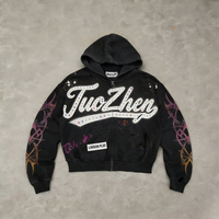 Sweat-shirt à capuche unisexe personnalisé par les fabricants, en molleton, coupe courte, effet usé, avec fermeture éclair, strass, streetwear, appliqué brodé
