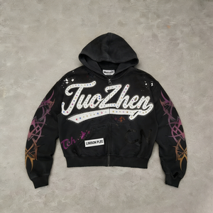 Felpe con Zip Personalizzate da Produttori, Stile Distressed con Applicazioni in Strass e Ricami, Servizio Completo per Streetwear Maschile - Product Image 1