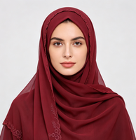 Hijab Chiffon Bordir Tepi Wanita, Kerudung Poliester Warna Solid, Selendang Lembut Muslimah Untuk Pemakaian Sehari-hari Kasual