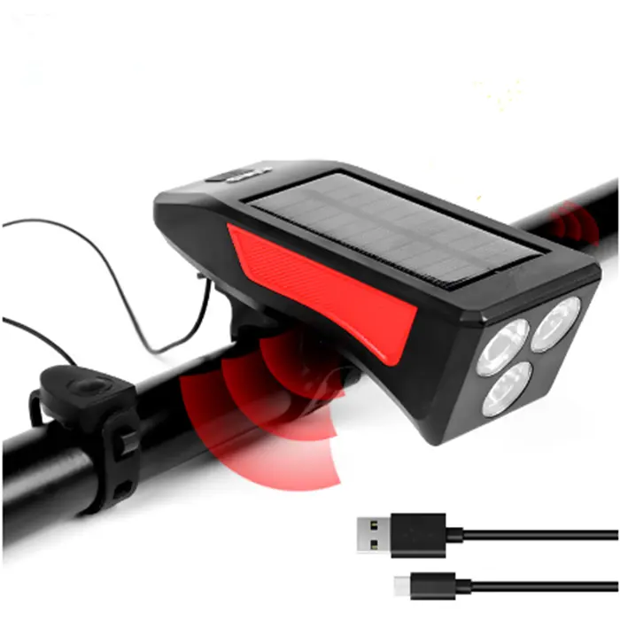 Multi-function USB charging LED headlight 3 modes solar energy and horn integrated bicycle lamp