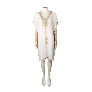 HDJ Robe de plage d'été pour femme en mousseline de soie blanche à col en V avec franges, mini-paréo de bain W21054-35 - Product Image 2