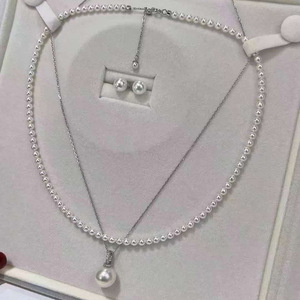 Juego de Joyería de Plata de Ley S925 con Perlas de Agua Dulce, Cadena de Perlas Mini Casi Redondas de 3-4 mm, Aretes de Perlas de 7-8 mm, Colgante de 11-12 mm - Product Image 1