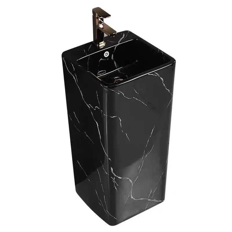 Black Ceramic Domestic One-piece Floor Standing Pedestal Basin For Bathroom
