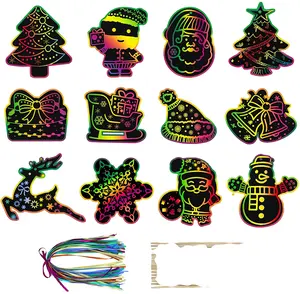 Christmas Magic Color Rainbow Scratch Art Paper Card Set with Graffiti Stencil for DIY Drawing