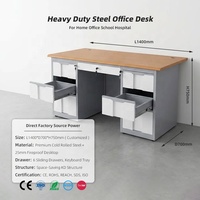 Bureau d'ordinateur moderne en métal de 140 cm avec 6 tiroirs, plateau pour clavier verrouillable, en acier, pour la maison, le bureau, l'école, l'hôpital