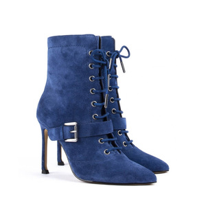 Nouvelles bottines bleues tendance pour femmes, dentelle dorée métallique, bout pointu, talons aiguilles, talons hauts, dessus en cuir, semelle intérieure en caoutchouc, hiver - Product Image 1