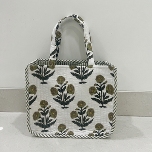 Bolso de Hombro Indio Acolchado de Algodón Mini Hecho a Mano con Estampado de Bloques, Bolsillo con Cremallera, Ligero, Duradero, Floral de Verano, Parte Superior Abierta, para Compras - Product Image 1