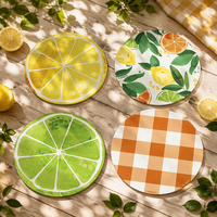 Sous-verres en céramique imprimés de fruits à l'aquarelle, sous-verres ronds absorbants avec motif à carreaux citron et lime pour la protection de la table