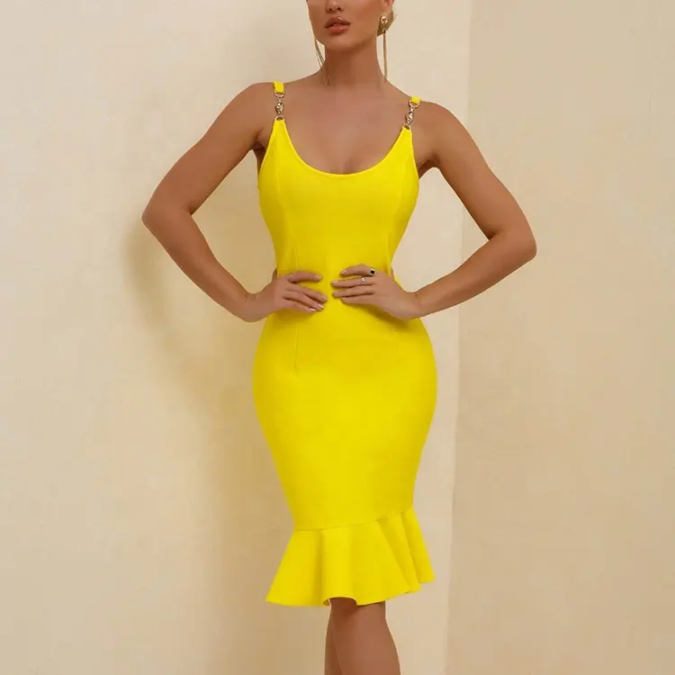 女の子の黄色いドレスストラップノースリーブミディドレス2023夏の女性の服エレガントなローネックラップ包帯カクテルドレス