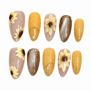 Faux ongles en amande faits à la main avec motifs floraux 3D brillants pour l'été - Product Image 1