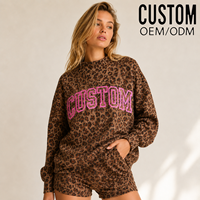 Ensemble décontracté en molleton de coton imprimé léopard pour femme avec poche kangourou et short assorti, sweat à capuche oversize