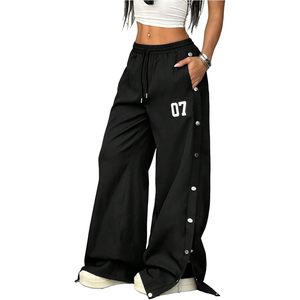Pantalon de survêtement ample pour femme, jambe large, taille haute, cordon de serrage, style Y2K, streetwear, avec fente et boutons - Product Image 1