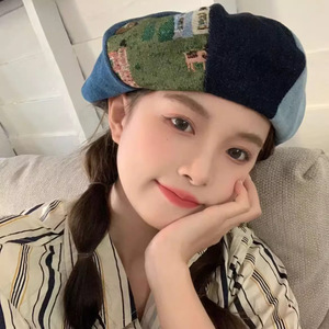 Color-blocked Korean Style Octagonal <b>Beret</b> For Women Summer Breathable Cotton Denim Patchwork Hat Female Large Head - Product Image 1