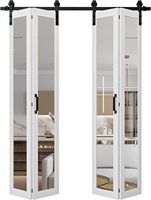Porte de grange pliante à miroir simple 72" x 84" avec kit de quincaillerie inclus, panneau pré-assemblé, finition apprêtée blanche, résistante à l'eau, pour garde-manger