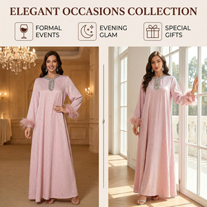 อาบายะห์มุสลิมประดับคริสตัลหรูหราสำหรับผู้หญิง พร้อมปลอกแขนประดับมุกและขนนก - Product Image 5