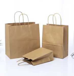 White And Brown Kraft Paper Twisted Handle Shopping Carrier Bag With Logo Printed