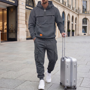 Ensemble sweat-shirt à capuche et jogging gris pour homme, avec fermeture éclair et poches cargo, tenue décontractée pour le travail, automne-hiver - Product Image 1