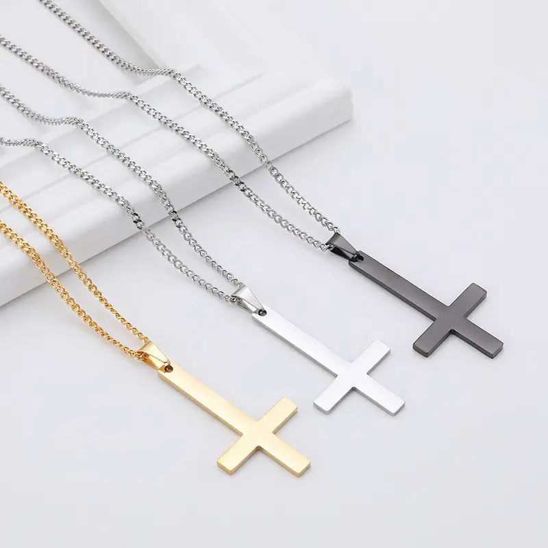 Colar religioso masculino e feminino, colar clássico simples invertido de cruz religioso, corrente de hip hop punk, dourado, preto, presente, joias