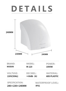 Sèche-mains électrique automatique 2000W avec capteur, en plastique ABS, pour usage commercial, hôtelier et domestique - Product Image 4