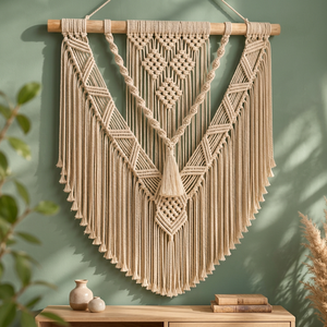 Décoration murale en macramé de chanvre fait main, style bohème, triangle décoratif, art abstrait géométrique, franges, accent décoratif pour la maison - Product Image 3
