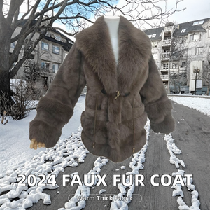 Cappotto Invernale da <span class=keywords><strong>Donna</strong></span> Ecologico in Finta <span class=keywords><strong>Pelliccia</strong></span> Spessa Color Caffè, Giacca Lussuosa e Calda <span class=keywords><strong>con</strong></span> Cintura - Product Image 4