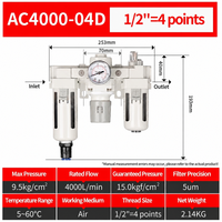 Unité combinée FRL 1/2'' avec purgeur automatique 5m, filtre à air, régulateur et lubrificateur AC4000-04D en alliage d'aluminium, pneumatique 4000L/min