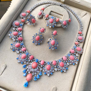 T112F de gama alta, 4 Uds., conjuntos de joyas de flores de Dubái africano <span class=keywords><strong>Coral</strong></span> rosa, collar de fiesta de boda para mujer, regalo perfecto para novia India - Product Image 1