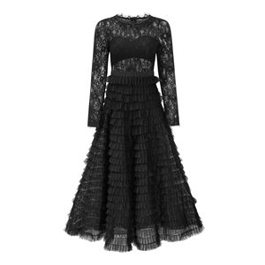 Nouvellement publié à manches longues robe trapèze élégante dentelle creuse transfrontalière pour les banquets et les fêtes couleur unie longueur au sol - Product Image 2